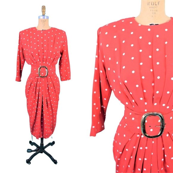 Vintage 1980s Wiggle Dress 50s Style Red Polka Dot Pinup Hourglass W 27" - Picture 2 of 5